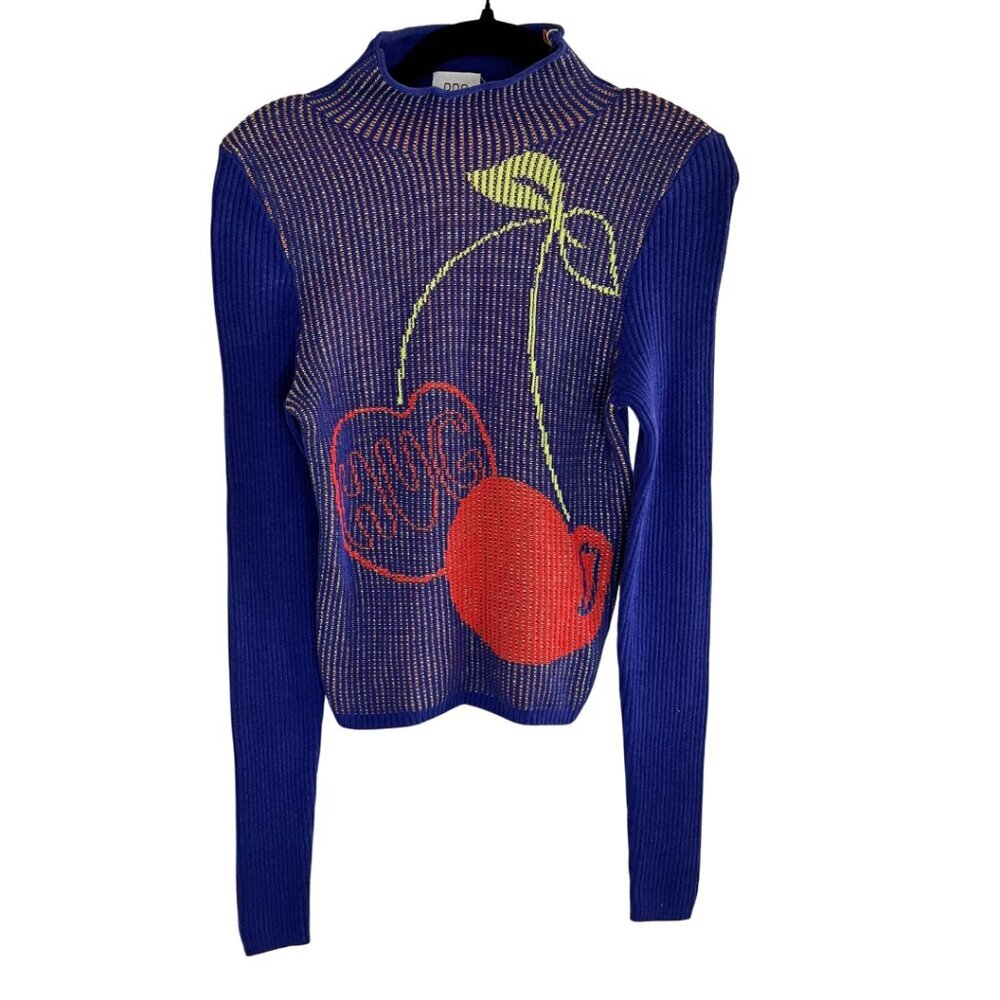 Urban Outfitters Blue Shauna Jacquard Cherry Hug Mock Neck Knit Sweater